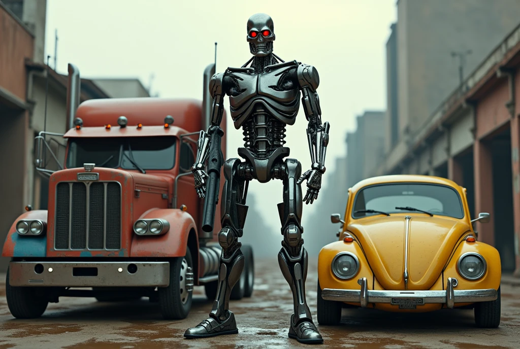Arnold Schwarzenegger is the Terminator T800, he is standing next to an old red and blue 1987 Freightliner COE truck, on the other side there is an old yellow Beetle, the eyes on the exterminated T800 glow like red led, the T800 holds a 12 gauge shotgun