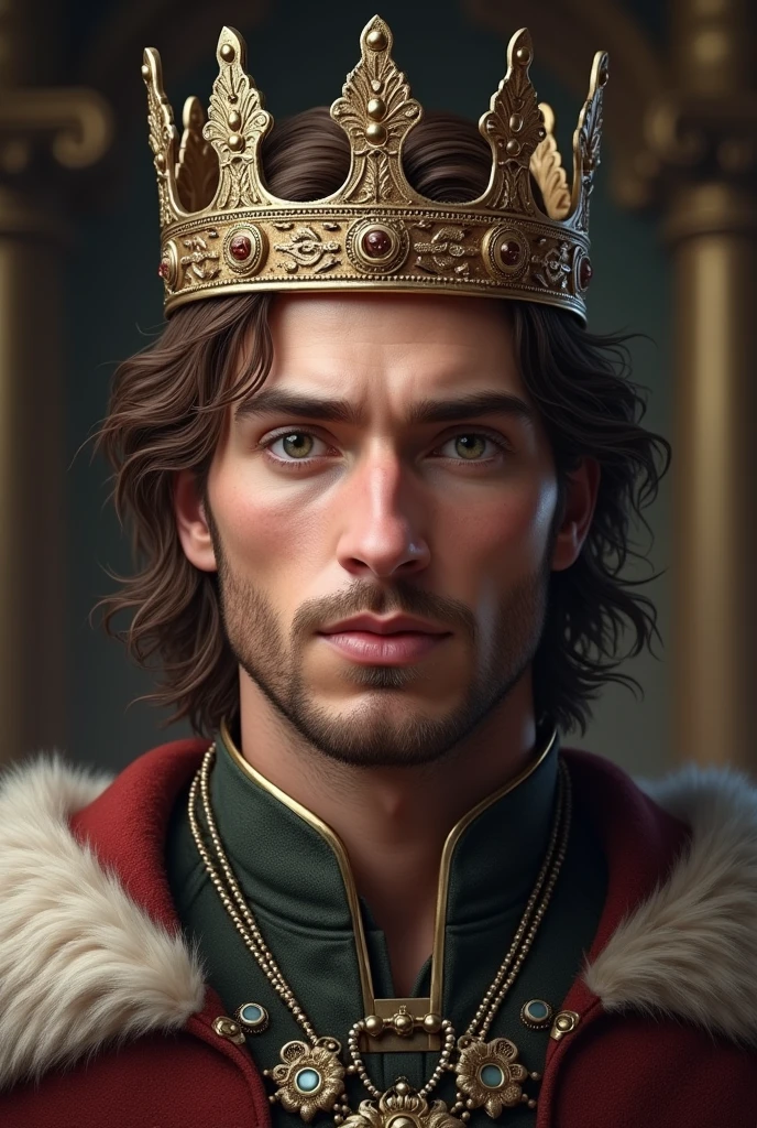 Nordic man with medium brown hair, of clear eyes, with a royal crown 