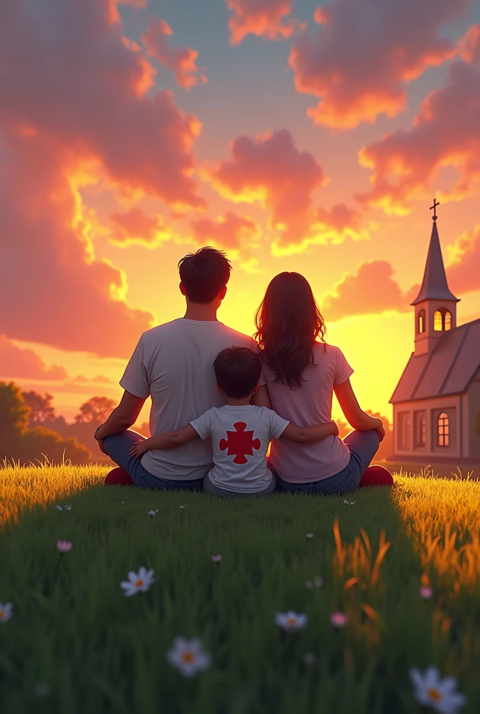 create an image with a family back to back with a  wearing a t-shirt with the autism symbol,, sitting on a lawn with the sunset in the background, next to the family a church in the background