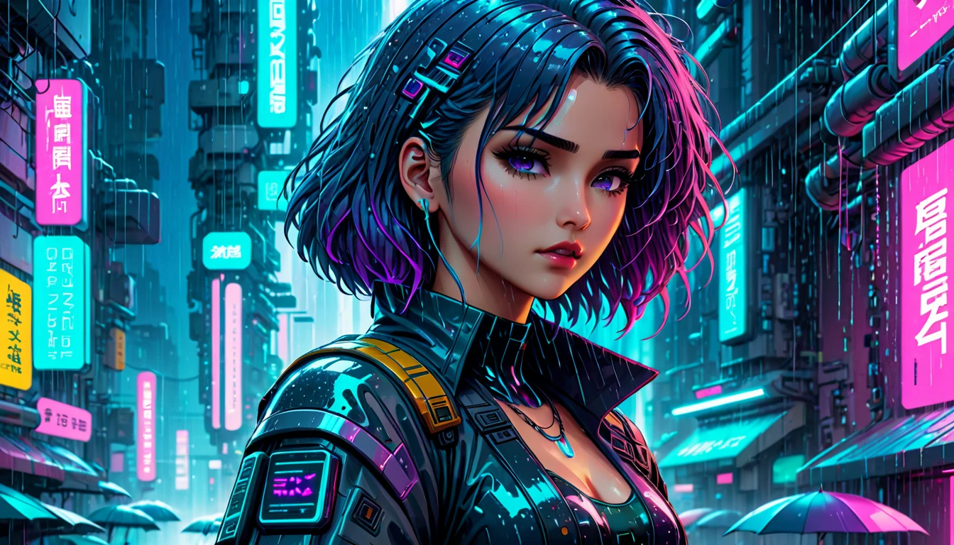 wave art style, A girl, rain, cyberpunk, 8k, highly detailed, sci fi