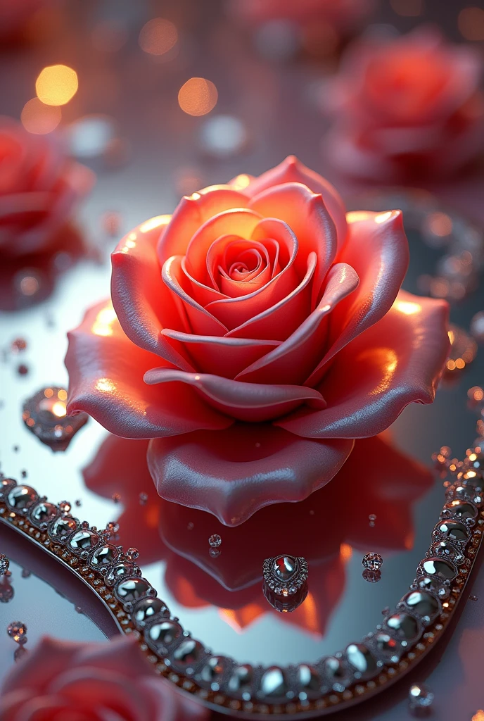 there is a rose that is sitting on a shiny sign, shiny silver, slimy shiny reflective joy, by Sin Wi, shiny jewels, shiny background, shiny skin, shiny metal, with shiny skin, shiny - skin!!!, by Oliver Sin, made out of shiny silver, shiny glossy skin, shiny materials, shiny white skin, ivan shishk, shine