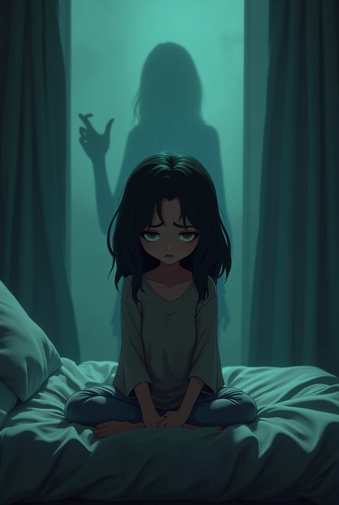 Sentence: "The shadows had left a mark on her soul, and she could still hear them, faintly, in the dead of night."Prompt: Ayesha in her room late at night, sitting on her bed with a haunted look. The room is quiet, but faint whispers and shadowy figures linger in the background, as if only she can sense them.3D animated cartoon