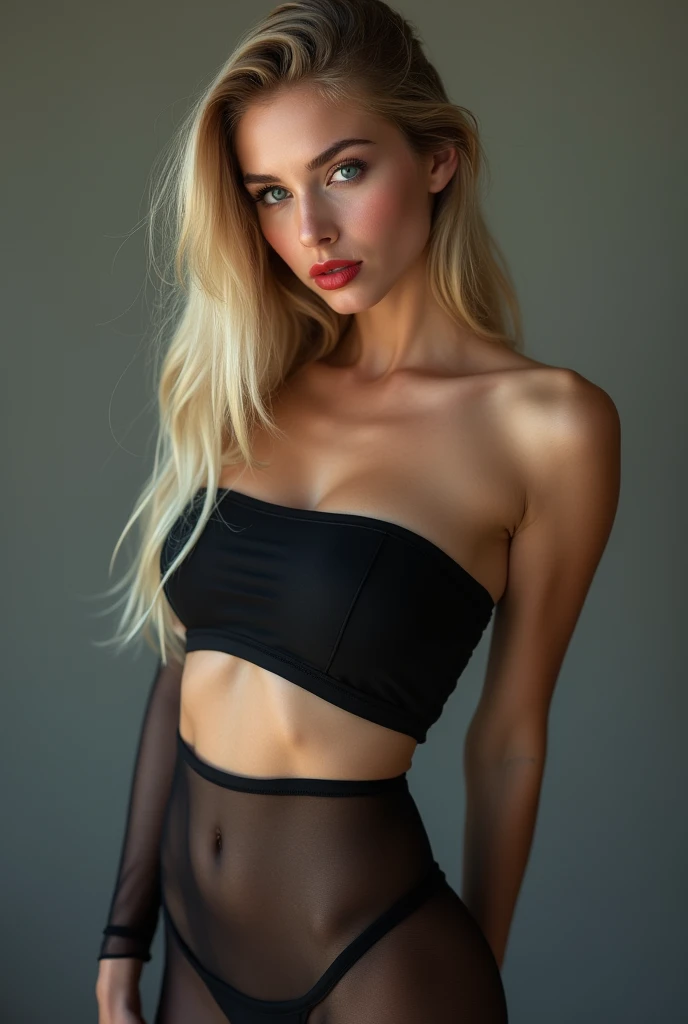 ((Give your subject a three-dimensional look through the contrast of light and shadow)), realisti (fotorealistier Realismus 16K Qualität), Ultrarealistie Details: Velvety skin, Blonde long, hair combed to the side, Symmetrical lips, bright shiny red_lipstick, long blue_eyelashes, Pupils, (clear sharp focus, Not blurry, realisti brown_eyes:1.35), anatomically correct, proporções perfeitas), hyperfotorealisti ((portrait)) a cute 1model:1.4 2, dslr, other, high quality, soft lighting, sharp focus captured with Fujifilm XT3, f 5.6, in a dramatic lighting, (perfect composition), pale skin, (dry skin), ((Ihr Outfit otherht aus schwarzen Netzstrümpfen am ganzen Körper.)), (((She wears black tube top outfits, the latest fashion trend this summer))),