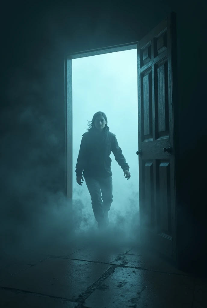 A side view of the door bursting open from the force of a strong wind, with Ravi stumbling out into the foggy night. The wind