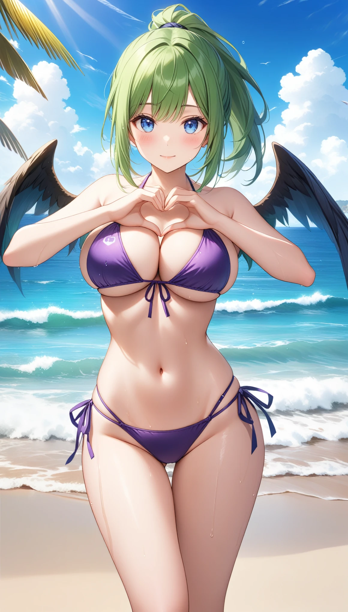 1girl, solo, long hair, breasts, looking at viewer, blush, bangs, blue eyes, large breasts, navel, cleavage, bare shoulders, closed mouth, standing, swimsuit, ponytail, heart, sidelocks, bikini, thighs, cowboy shot, outdoors, green hair, wings, sky, day, cloud, water, stomach, blue sky, wet, side-tie bikini bottom, ocean, halterneck, highleg, beach, string bikini, purple bikini, heart hands, highleg bikini, ((32k)), ((best quality)), ((ultra high res)), ((HDR)), ((UHD)), ((extremely detailed CG)), ((unity 32k wallpaper)),