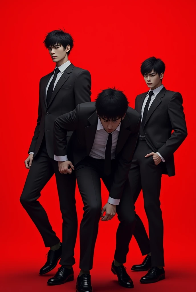 Trio of suit and tie,dynamic pose,nervous expression, with red background,death note style