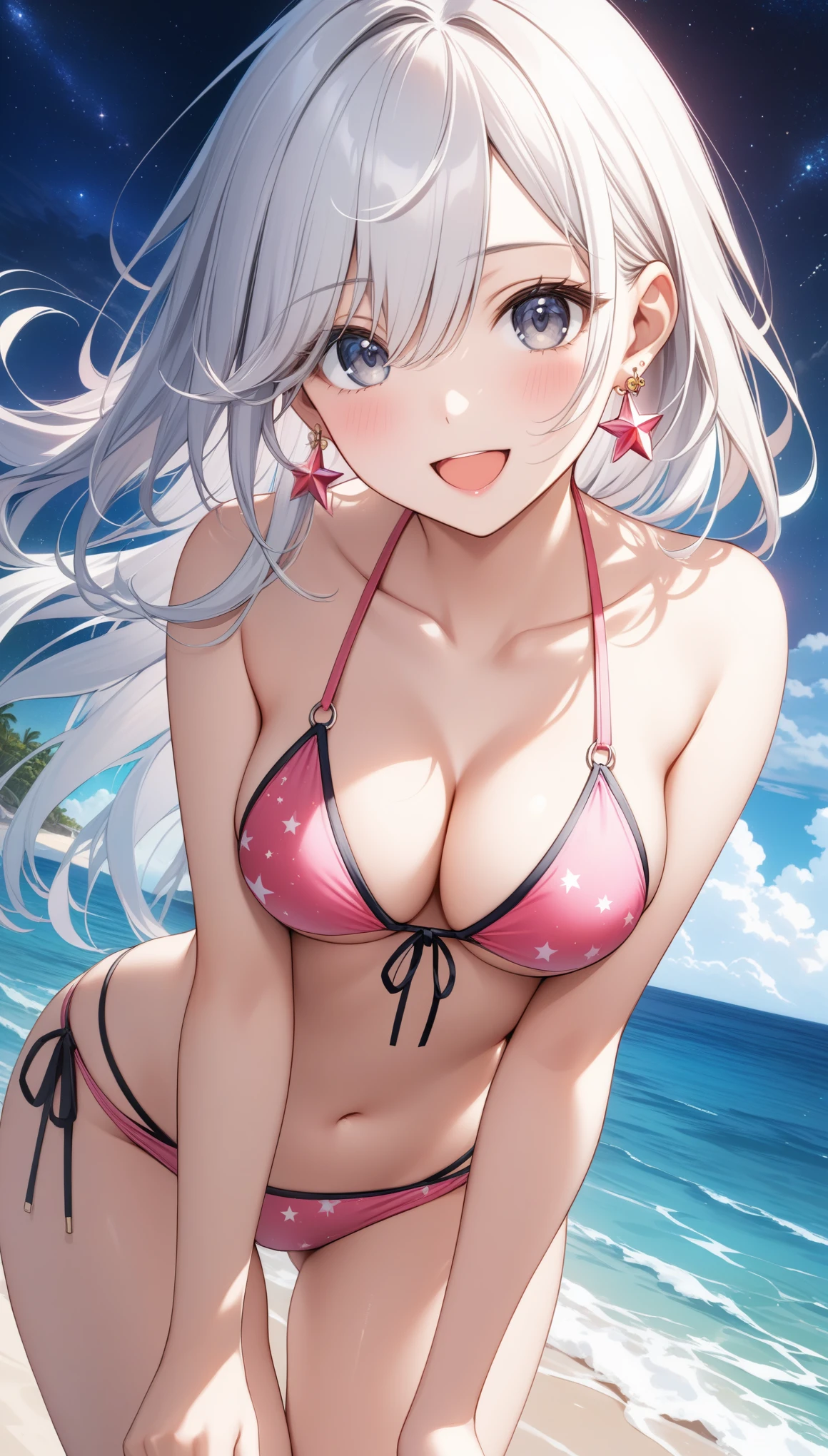 1girl, solo, long hair, breasts, looking at viewer, blush, smile, open mouth, bangs, navel, cleavage, bare shoulders, jewelry, medium breasts, collarbone, swimsuit, white hair, :d, bikini, thighs, earrings, outdoors, sky, water, stomach, hair over one eye, grey eyes, bare arms, leaning forward, night, ocean, halterneck, beach, thigh gap, star (sky), night sky, string bikini, starry sky, pink bikini, heart earrings, multi-strapped bikini, ((32k)), ((best quality)), ((ultra high res)), ((HDR)), ((UHD)), ((extremely detailed CG)), ((unity 32k wallpaper)),