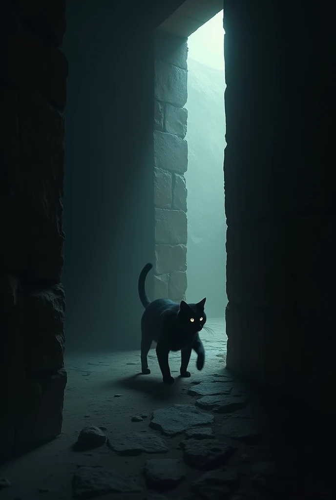 In a dark room, light leaks out through a hole. The atmosphere is creepy. The theme is black metal. A black cat is wandering nearby.