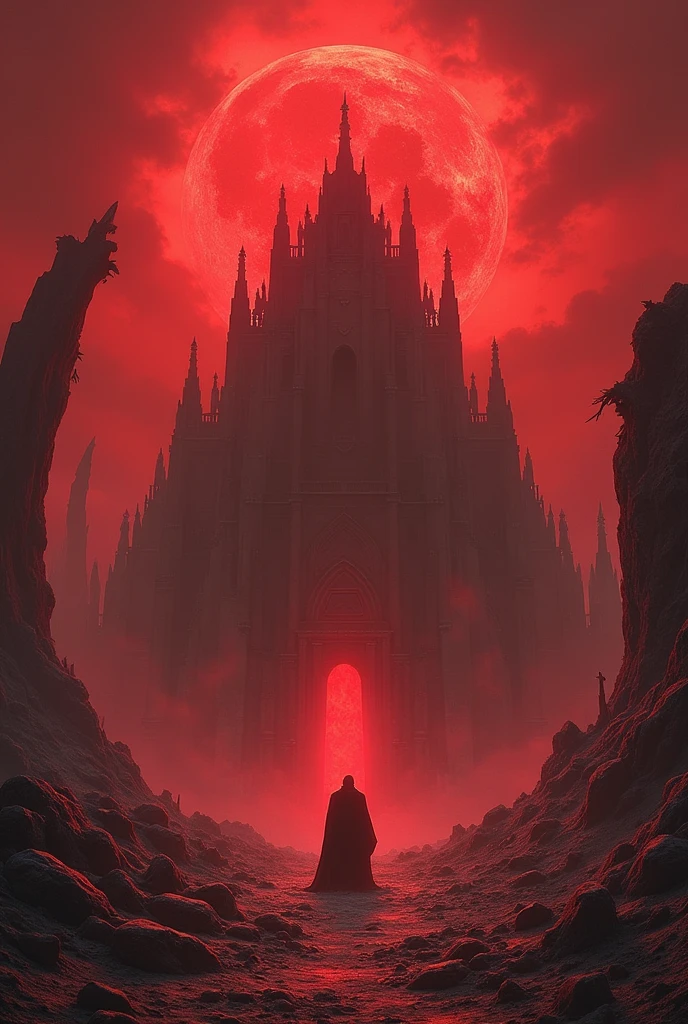Destruction of the palace of hades, in the world of Tartarus,with red sky and red desert,sem lua