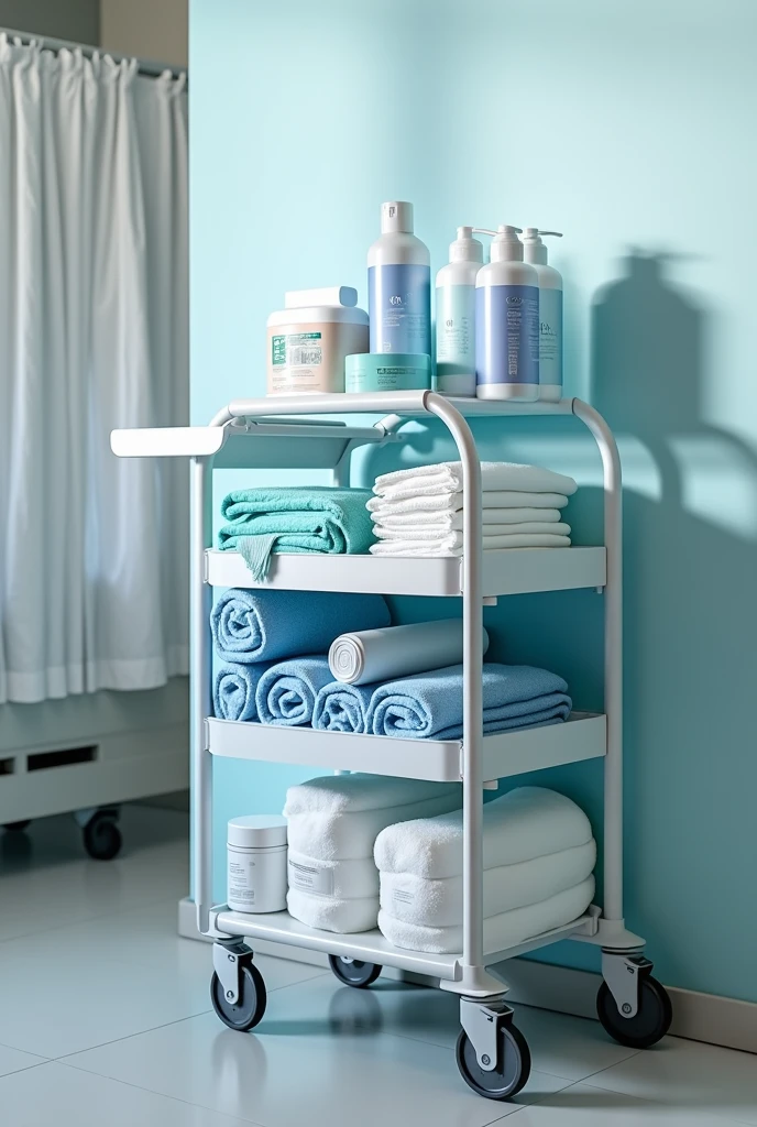 photo d'un chariot d'hopital avec le matériel nécessaire pour la toilette des patient (Gants jetables Savon doux adapté aux peaux sensibles Serviettes et gants de toilette Bassine pour la toilette partielle au lit si nécessaire Crèmes hydratantes et lotions (si besoin) Linge propre Barrières de lit (si la toilette est faite au lit) dans une chambre d'hopital (rajoute des marques fictive sur les produits dans une chambre d hopital