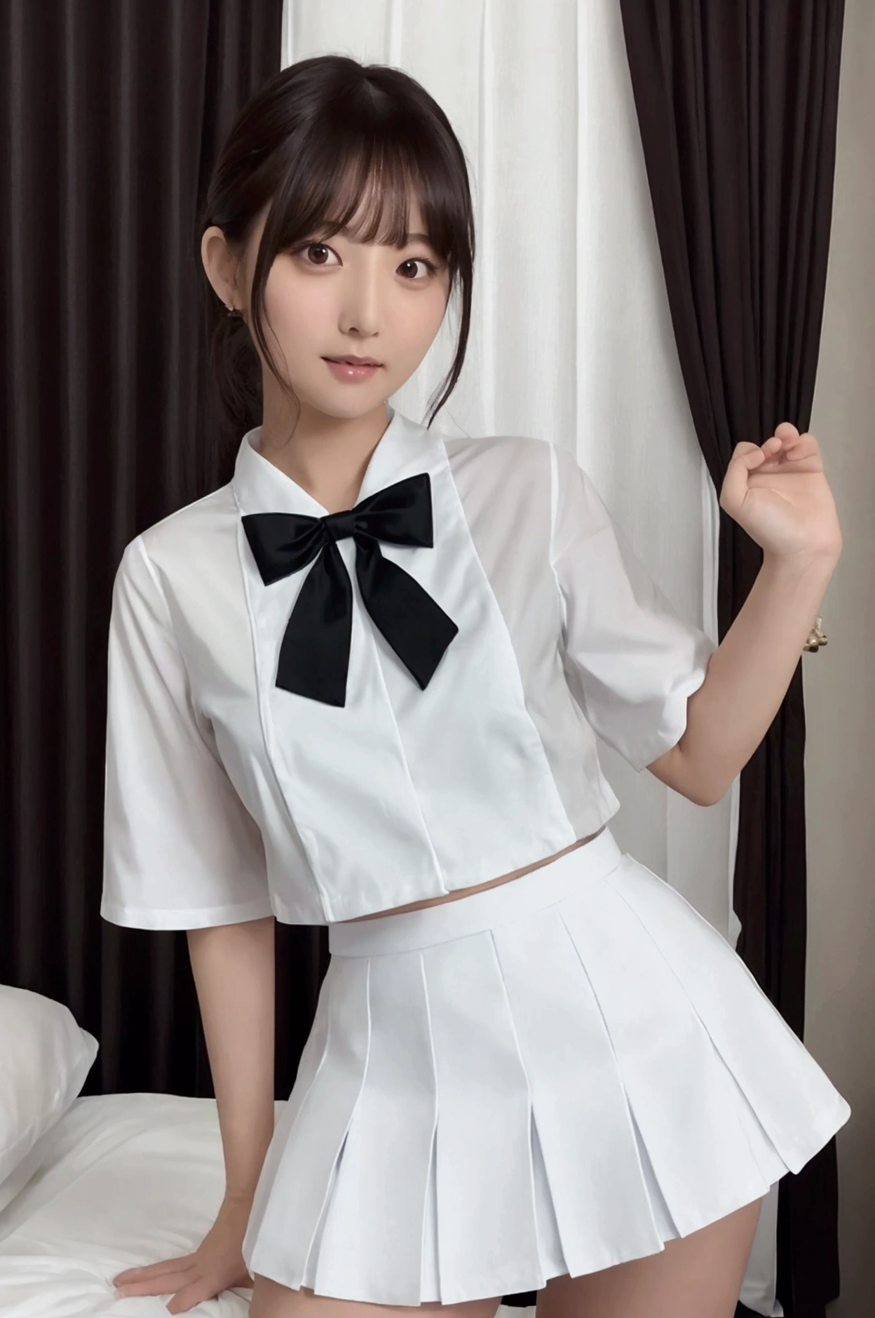 Gravure idol pose Hotel bed uniform White clothes high resolution Not too small bust Black Mini Skirt Skirts should be shortened Beautiful hair Height 153cm
