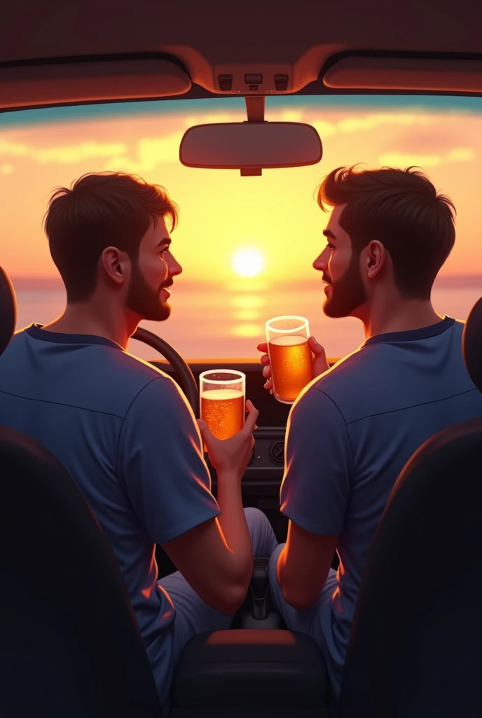 Two male friends in a car watching the sunset in surgical suits and beers
