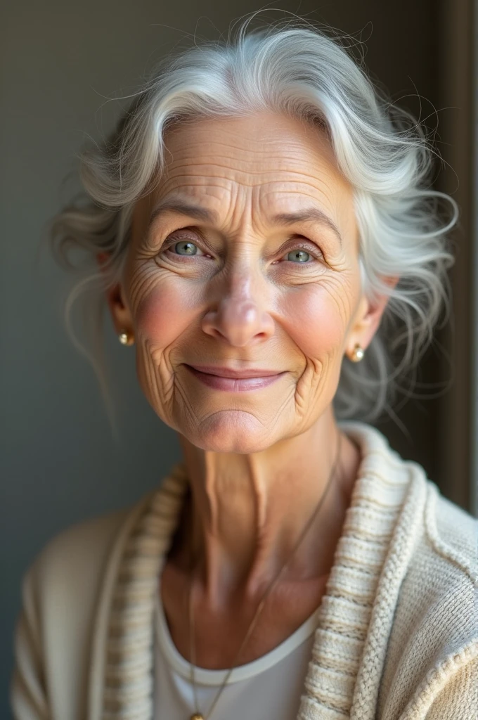 A graceful elderly woman with a warm and serene expression. She has soft, silver hair neatly styled in waves that frame her face. Her skin is fair with a light rosy tint, adorned with delicate, beautiful wrinkles that add character and depth to her appearance. Her eyes are a gentle blue, exuding kindness and wisdom, and are slightly framed by crow’s feet that show years of smiling. Her face is oval-shaped with high cheekbones, a slender nose, and well-defined lips that have a natural, soft smile. She wears simple, elegant clothing, perhaps a classic knit sweater or a soft shawl, highlighting her timeless beauty. The overall aura should be one of grace, wisdom, and quiet confidence