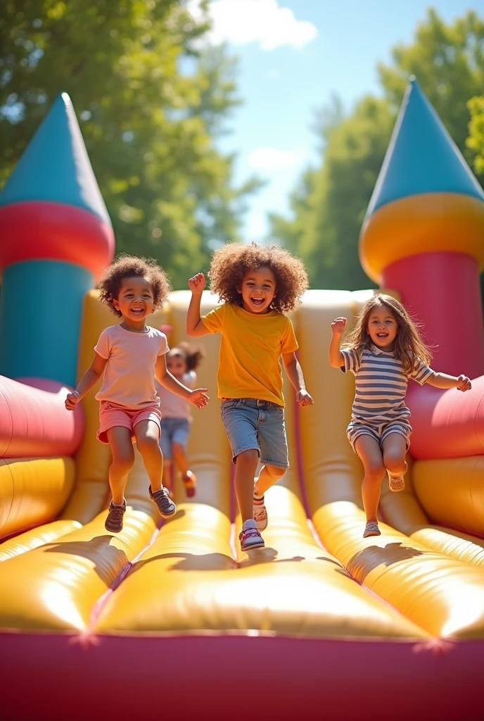 A vibrant, sunny day at a park with a group of kids laughing and jumping on a large, colorful inflatable bouncing castle. The children, aged 5-7, are mid-air, with joyful expressions, captured from a low angle to emphasize the height of their jumps.