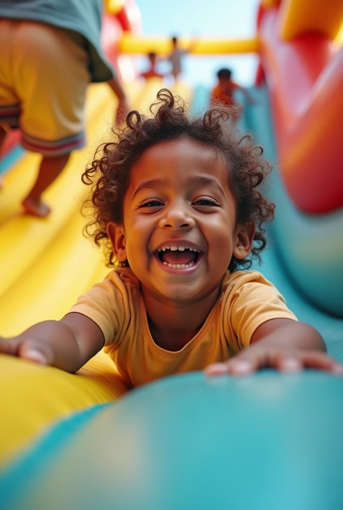 A close-up shot of a , around , with curly hair, joyfully sliding down an inflatable slide. The background features a blurred view of other children playing, with bright, midday sunlight casting soft shadows.