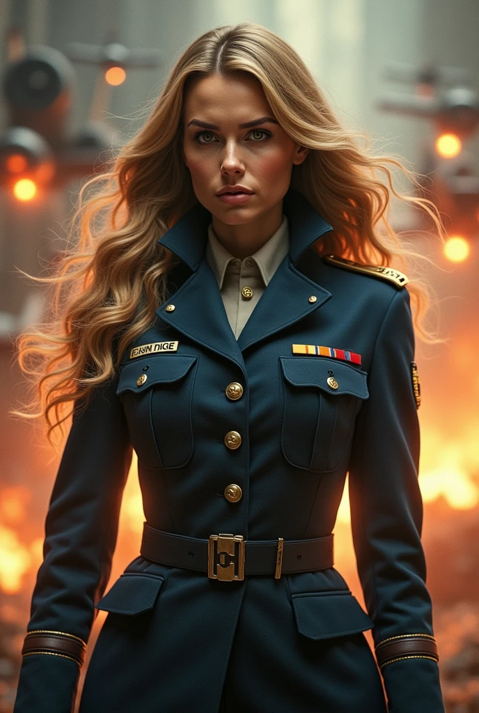 Realistic,Polite Dress,(Fighter Plane Action War Movie Poster),(Foundation Movie Reference: 1.8),Realistic,Air Force General Uniform,(Realistic Face Resolution),Cinematic Poses,Adult,Skinny,Small,Long Hair Dark Blonde Woman 1 Person,Serious Face,Science Fiction,Sci-Fi,Different Supporting Characters