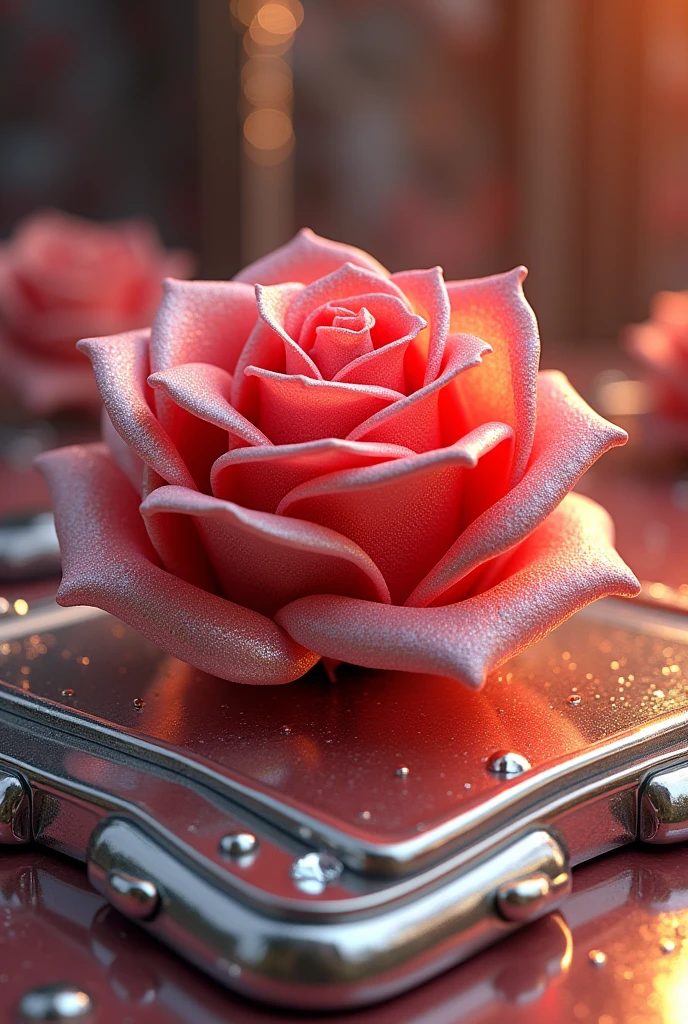 there is a rose that is sitting on a shiny sign, shiny silver, slimy shiny reflective joy, by Sin Wi, shiny jewels, shiny background, shiny skin, shiny metal, with shiny skin, shiny - skin!!!, by Oliver Sin, made out of shiny silver, shiny glossy skin, shiny materials, shiny white skin, ivan shishk, shine