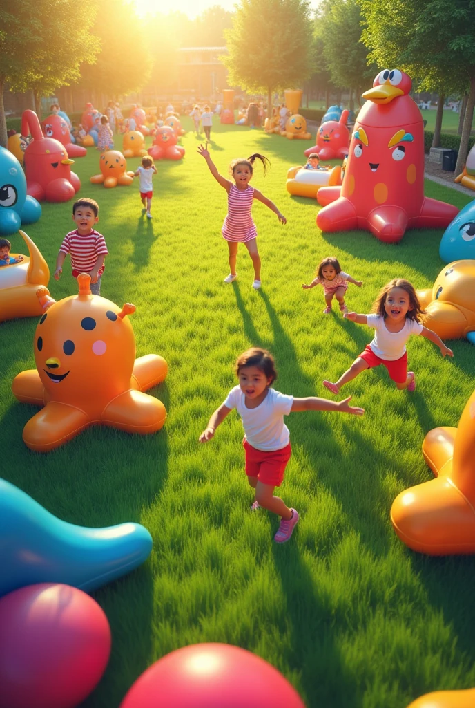 An overhead view of multiple inflatable toys spread out across a grassy field, with children of various ages energetically bouncing and playing. The scene is set in late afternoon, with warm, golden light illuminating the colorful inflatables.