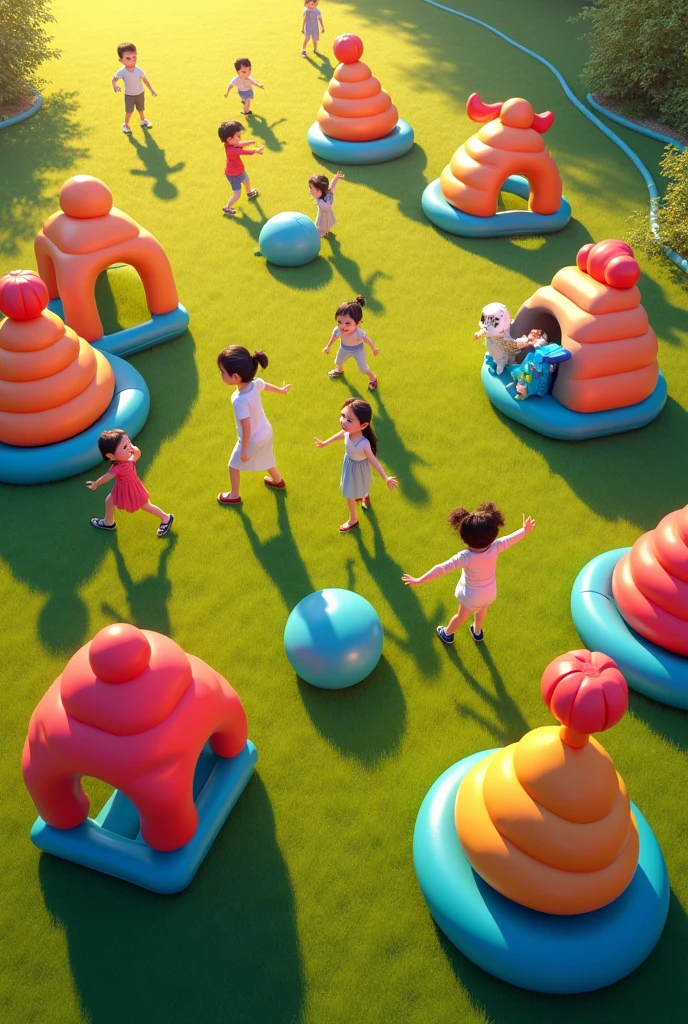 An overhead view of multiple inflatable toys spread out across a grassy field, with children of various ages energetically bouncing and playing. The scene is set in late afternoon, with warm, golden light illuminating the colorful inflatables.