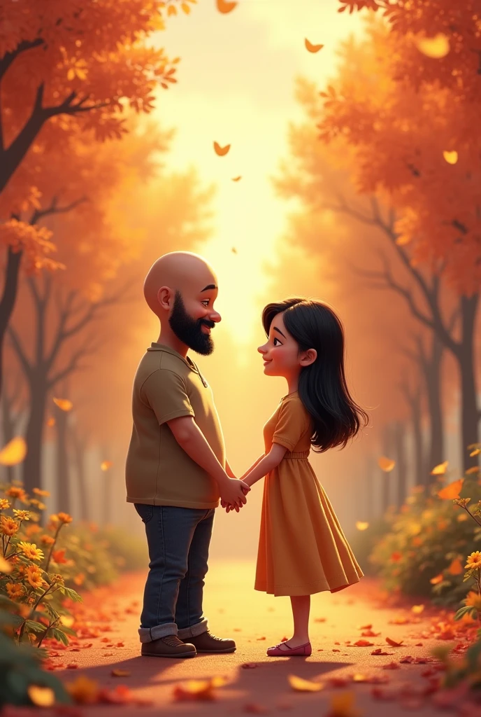couple bald man with thin beard 4 and 100 kilos and black haired woman 30 years old weighing 75 kilos holding hands Disney Pixar style, high qualiy, best qualityer
