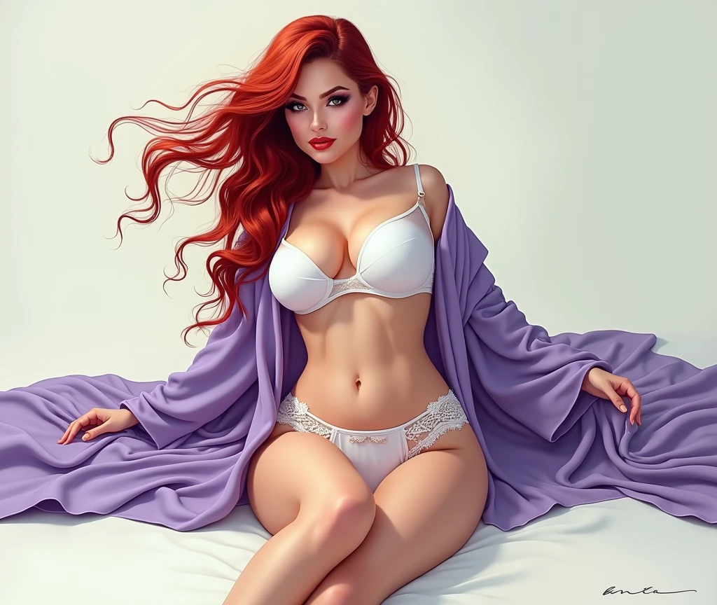 (masterpiece, best quality)), ((((perfect anatomy)))), Curvy Latina with long red hair, dark eyeshadow, dark red lipstick, white bra, (((white cotton panties))), purple robes, (((photo realistic)))