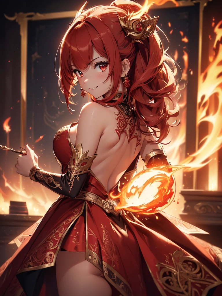 (((best quality, sharp image, clear image, cinematic lighting, 8k resolution, masterpiece, ultra detailed, intricate))) Girl, sorcerer, cute, intricate dress, smiling, fiery red, ((intricate background)), (rune frame), dimension, ((shot from behind)), fire sigils, chaotic background, ((half-body shot))
