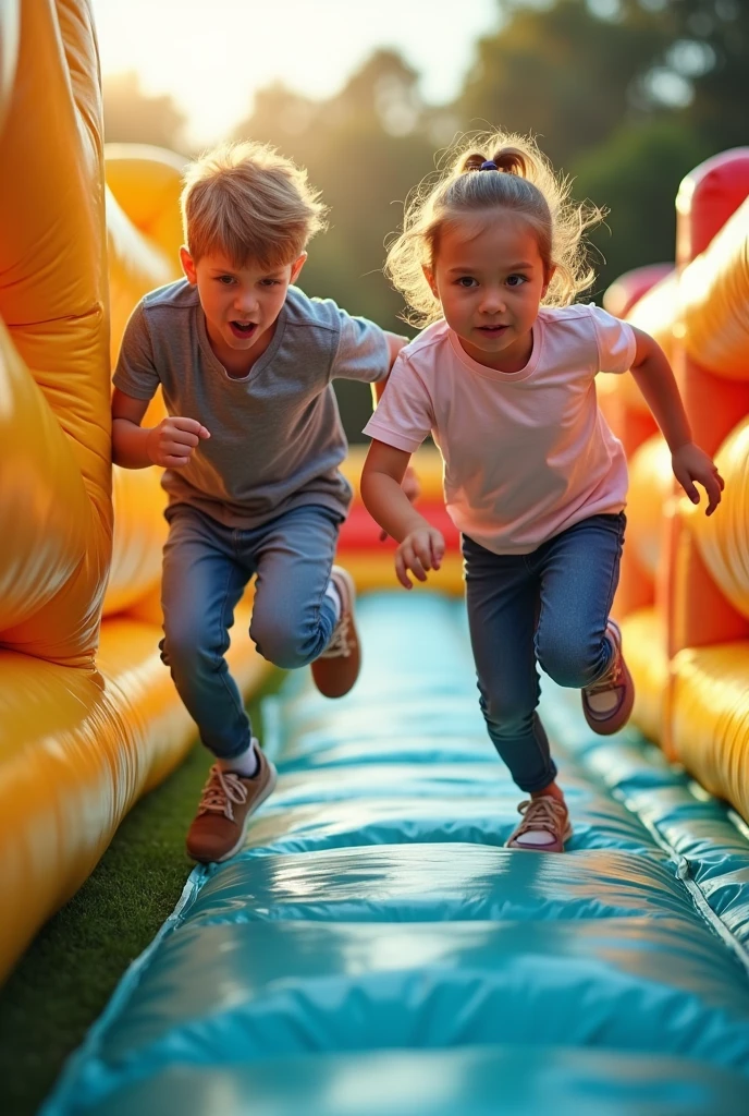 A dynamic shot of two kids, aged 7-8, engaged in a friendly race on an inflatable obstacle course. The image captures their determined expressions as they leap over barriers, with vivid colors and sharp details highlighting the action.