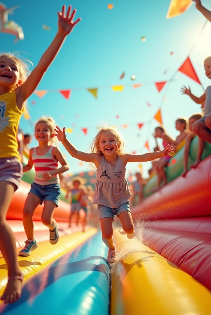 A wide-angle shot capturing the excitement of a summer carnival, with kids playing on various inflatable attractions. The scene includes a bright blue sky, colorful banners fluttering, and children’s laughter filling the air, all under soft, natural lighting.