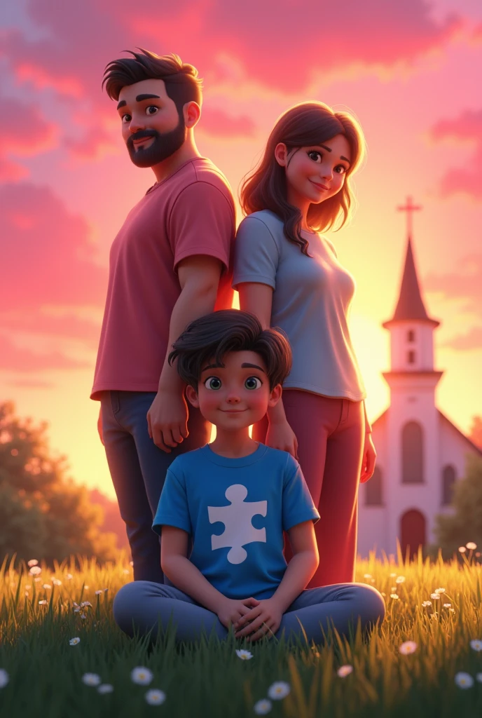 create an image with a family back to back with a child wearing a blue autism symbol t-shirt, sitting on a lawn with the pink sunset in the background, next to the family a church in the background