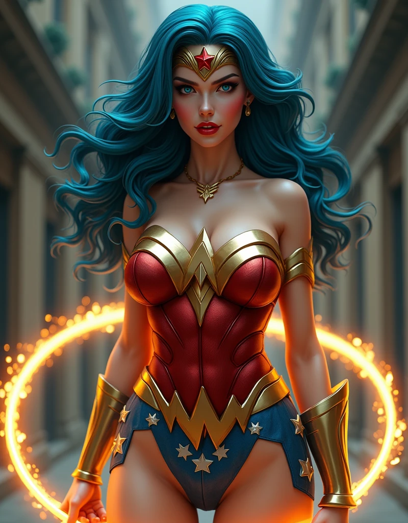 8K, ultra detailed body, ultra detailed face, super sexy, goddess of temptation and lust in a sexy wonder woman cosplay, cyan coloured hair, voluptuous, sexy body, huge breasts, juicy lips, mesmerizing blue big yes, gigantic braests, perfect face shape, super detailed sexy body, very fair white sexy girl, ultra large gigantic boobs, very hot chic, fully sexy body image, the sexy super hot wonder woman is in action with golden glowing lasso