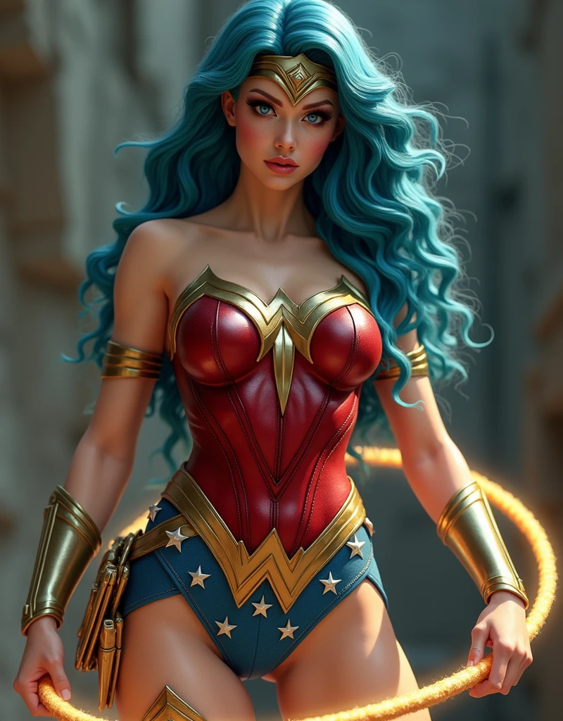 8K, ultra detailed body, ultra detailed face, super sexy, goddess of temptation and lust in a sexy wonder woman cosplay, cyan coloured hair, voluptuous, sexy body, huge breasts, juicy lips, mesmerizing blue big yes, gigantic braests, perfect face shape, super detailed sexy body, very fair white sexy girl, ultra large gigantic boobs, very hot chic, fully sexy body image, the sexy super hot wonder woman is in action with golden glowing lasso