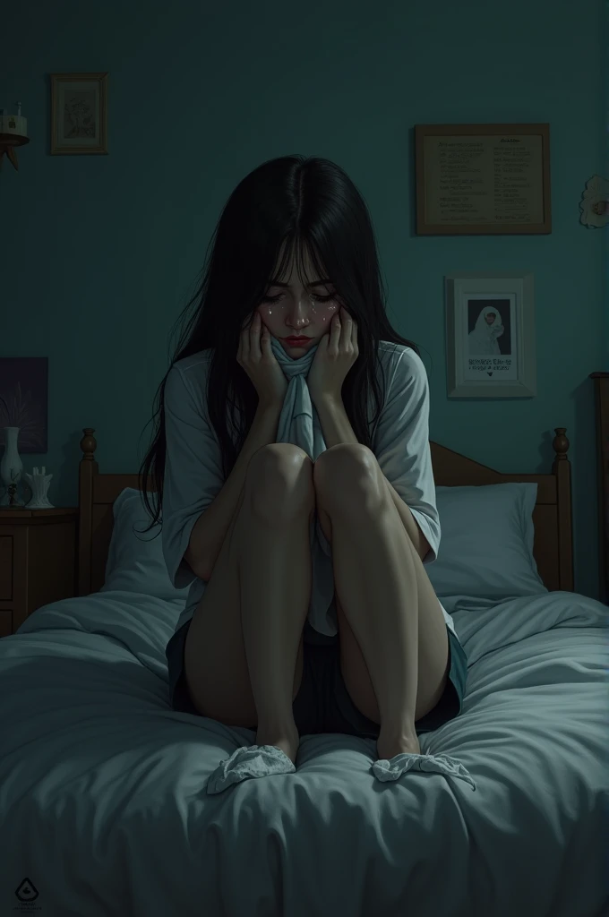 A woman crying in her room