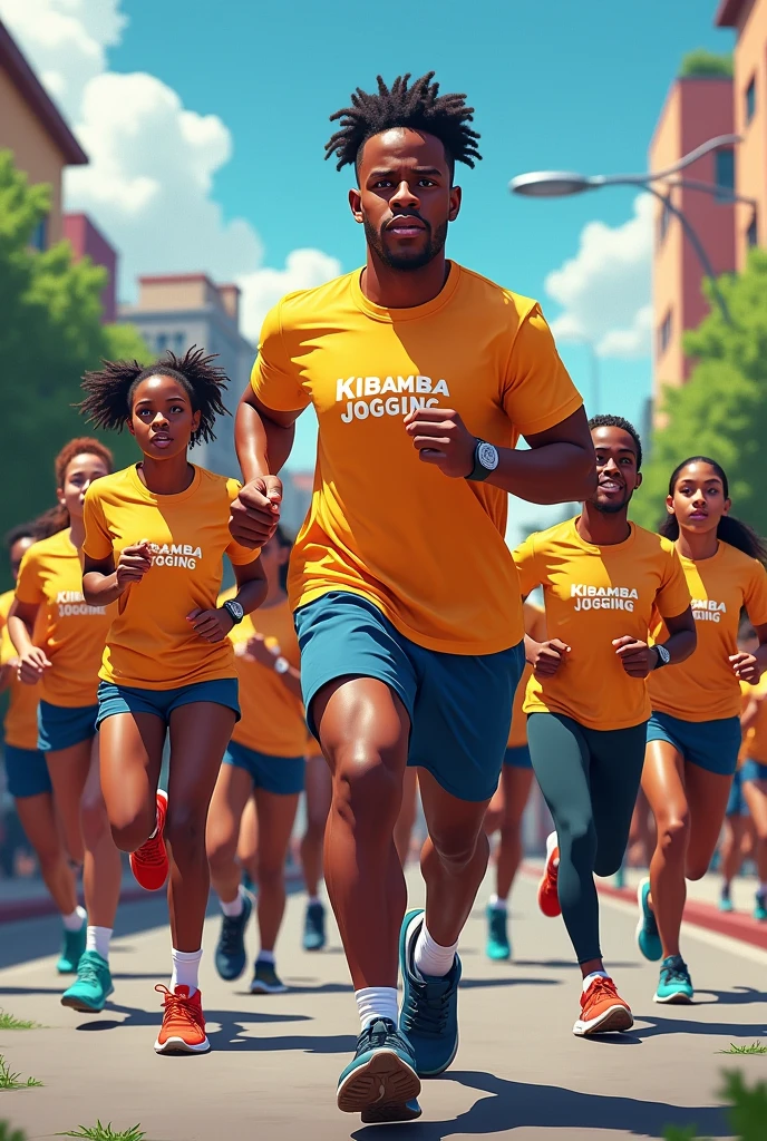 Create a poster that show people jogging, wearing T-shirt wrote KIBAMBA JOGGING infront of their T-shirts.