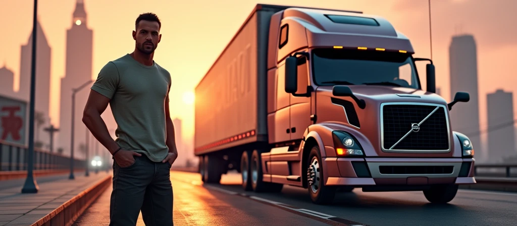 a detailed realistic CGI render of a GTA San Andreas style banner, a Los Angeles cityscape in the background, a new semi truck Volvo with a driver standing in front of it, the driver and the truck are on the right side of the frame, the left side is blurred in the background, highly detailed, photorealistic, 8K, cinematic dramatic lighting, vibrant colors, gritty urban setting