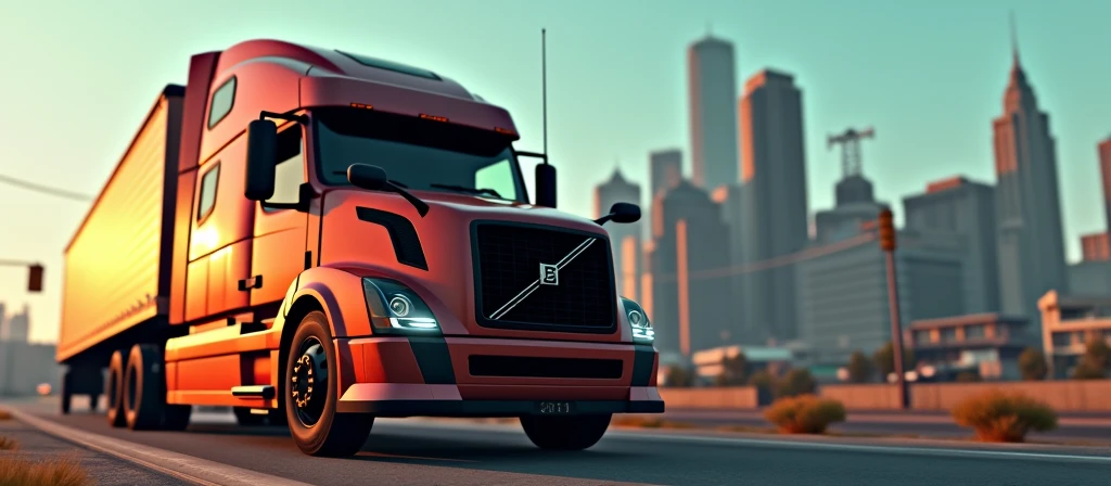 a detailed realistic CGI render of a GTA San Andreas style banner, a Los Angeles cityscape in the background, a new semi truck Volvo with a driver standing in front of it, the driver and the truck are on the right side of the frame, the left side is blurred in the background, highly detailed, photorealistic, 8K, cinematic dramatic lighting, vibrant colors, gritty urban setting