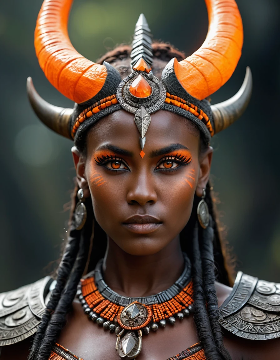 A tall woman, fantasy world, tribal attire, strong and well-defined body, dark gray skin, orange eyes, serious expression, horned crown harmoniously connected to the head, detailed face, 8k, photorealistic, masterpiece, cinematic lighting, dramatic lighting, vibrant colors, intricate details, fantasy art, visão corpo completo