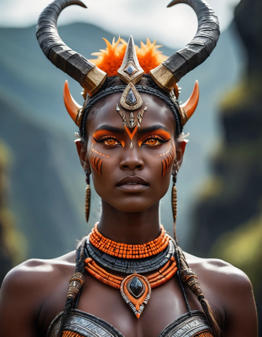 A tall woman, fantasy world, tribal attire, strong and well-defined body, dark gray skin, orange eyes, serious expression, horned crown harmoniously connected to the head, detailed face, 8k, photorealistic, masterpiece, cinematic lighting, dramatic lighting, vibrant colors, intricate details, fantasy art, visão corpo completo