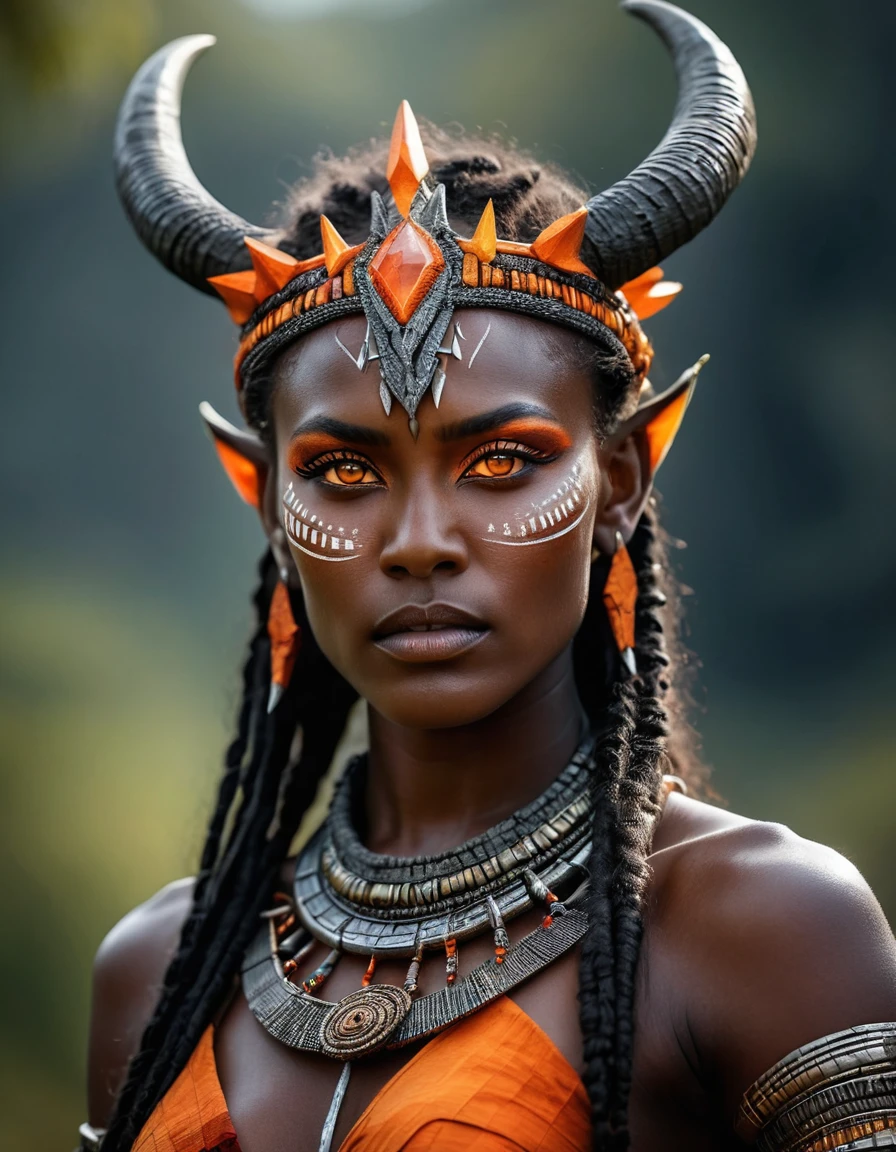 A tall woman, fantasy world, tribal attire, strong and well-defined body, dark gray skin, orange eyes, serious expression, horned crown harmoniously connected to the head, detailed face, 8k, photorealistic, masterpiece, cinematic lighting, dramatic lighting, vibrant colors, intricate details, fantasy art, visão corpo completo