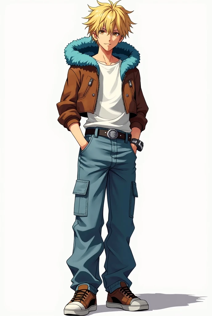 Death Note Style, adolescent, elegant, attractive, by rubio, eyes the color of honey, short and messy hair, Cropped brown leather jacket with blue fur lining on the hood, white t-shirt tucked into pants, baggy jeans, black and silver belt, knives with sheaths hanging from his belt, Brown sneakers, yellow energy coming out of one of his hands, anime, 4k, imposing, Magnificent, bright, full body image, Unrealistic, White background