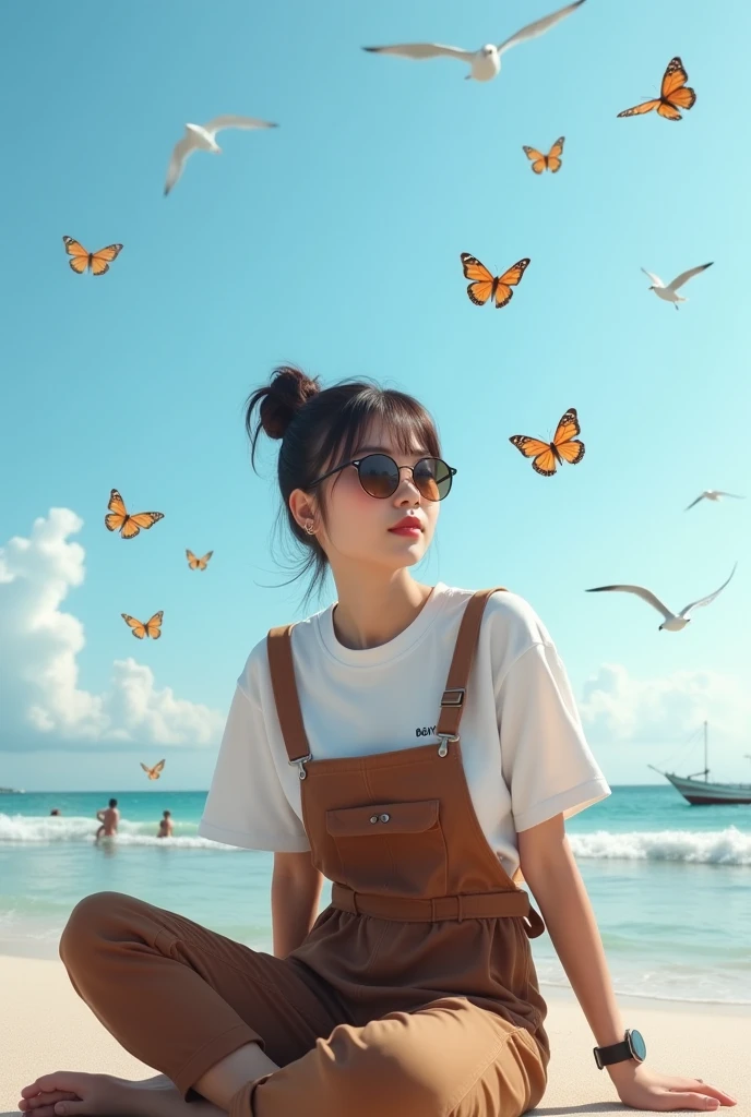 Beautiful Indonesian woman , smooth white skin, well-groomed face,Korean style bun hair with bangs, white t-shirt with Santi logo, wearing (brown jumpsuit pants) ,wear sunglasses,Cool watch, 
white shoes, berfose sitting by the beach,surrounded by butterflies, under the bright blue sky, facing the blue sea, seagulls flying in large numbers,there seems to be a fishing boat, people are taking pictures on the beach.. Ocean waves hit the beach.. The view of the beach is amazing.beautiful and blue.. Realistic original photo 