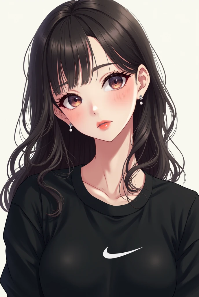 white woman with pink lips, long wavy hair, ear rings, portraite, black nike sweatshirt. anime styling.