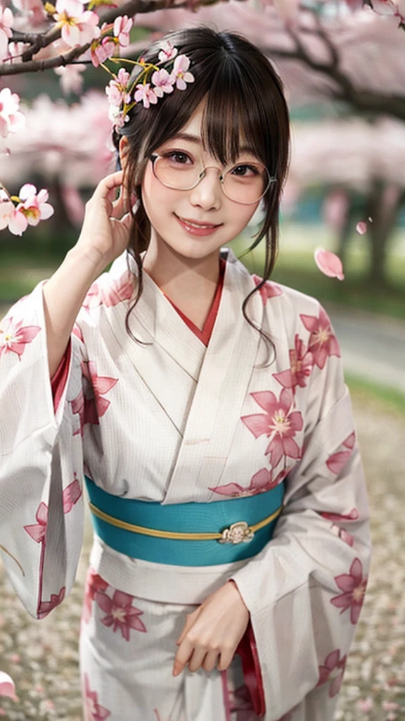 masterpiece、Realistic、Full body portrait、Beautiful Face、Your smile is cute.、Sharp focus、young woman、1、(((kimono)))、cute、cute、8K Post-Production、High resolution、Very detailedな、Intricate details、Very detailed、Pure Form、8k resolution、The head is round and beautiful.、Small Nose、Big and ample breasts、(((Cherry blossom tree-lined path)))、(((Scattered cherry petals)))、Wear glasses、thin frame glasses