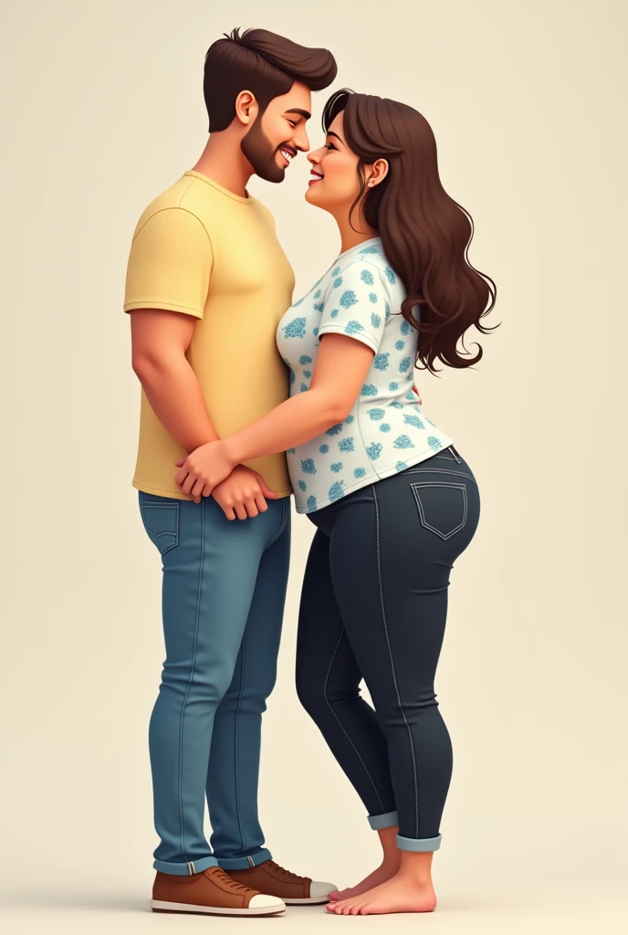 Standing couple tall very lean boy wearing light yellow t-shirt and blue jean, short plus size girl medium hair wearing small blue floral print on white top and black Jean