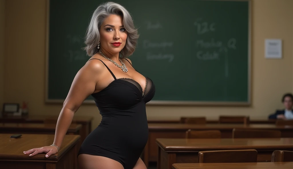 60 year old milf, mature and voluptuous woman. gray hair, cups, dressed as a sex teacher, vestido curto e justo com neckleace que destaca seu bumbum, breasts big, neckleace. Thighs on display, she is in a classroom, Older Sex Teacher, Full-body image, beautiful body sPanas highlighting her butt, hourglass-body, Waist slender, Broad Hips, woman is with her back slightly turned to the side looking at the camera, attractive woman in her 60s, curved, Panas, Nicki Minaj style body, neckleace, breasts big, about, image behind, looking at the camera, posando, splendid, natural mature woman, detailing your curves