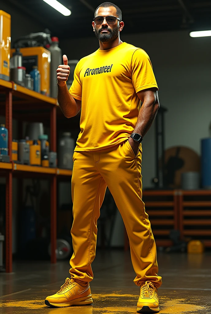 a man made cartoon made of engine oil,wearing aromaneel engine oil t-shirt,yellow pants,golden shoes,thumbs up,yellow cap with aromaneel engine oil brand,intricate details,highly detailed,photorealistic,octane render,cinematic lighting,dramatic shadows,hyper realistic,vibrant colors,masterpiece,award winning 