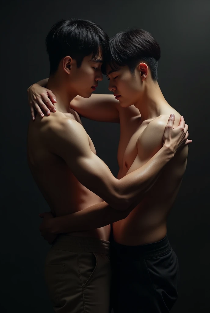 crie uma foto capa de fanfic com o Jay Park (soloist) and a Korean man, Both embraced, half dark background, size 512x800, realisitic, Jay being muscular and tall and the man being a bit skinny and short