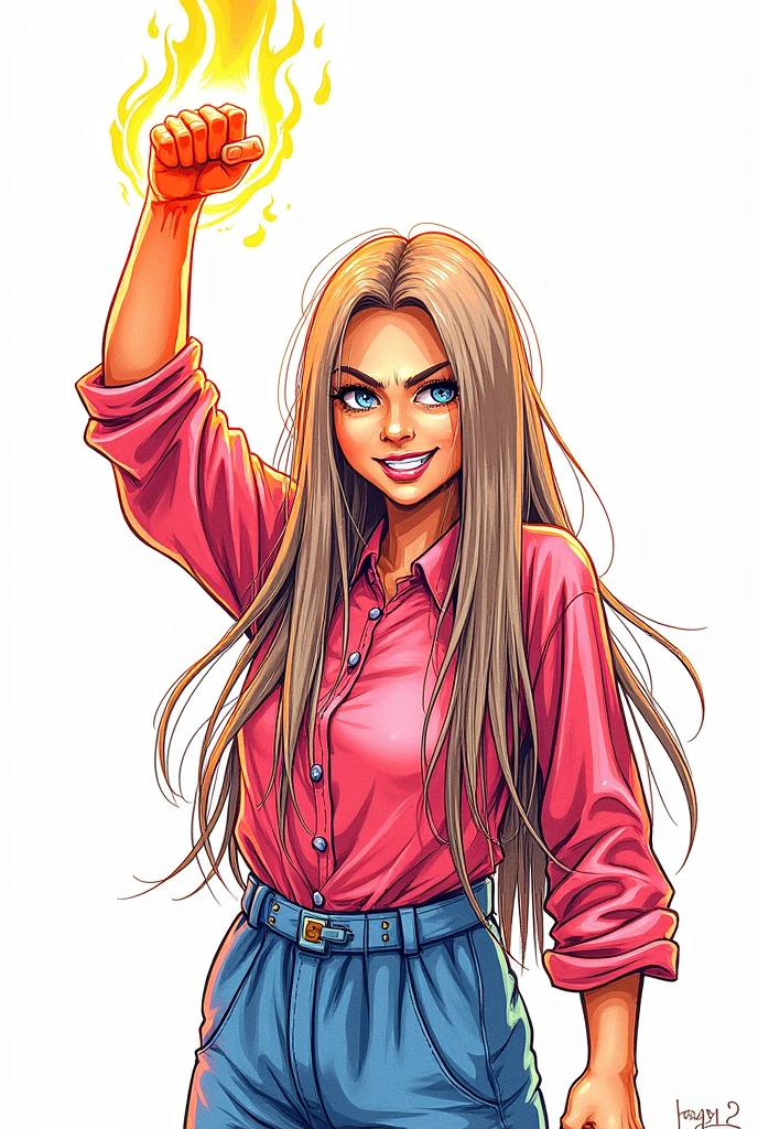 A statue of a , long straight hair. colourful drawing, white background, drawing style , filled line art, 2d. burning smile, one hand up with closed fists.