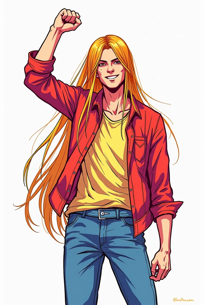 A statue of a , long straight hair. colourful drawing, white background, drawing style , filled line art, 2d. burning smile, one hand up with closed fists.