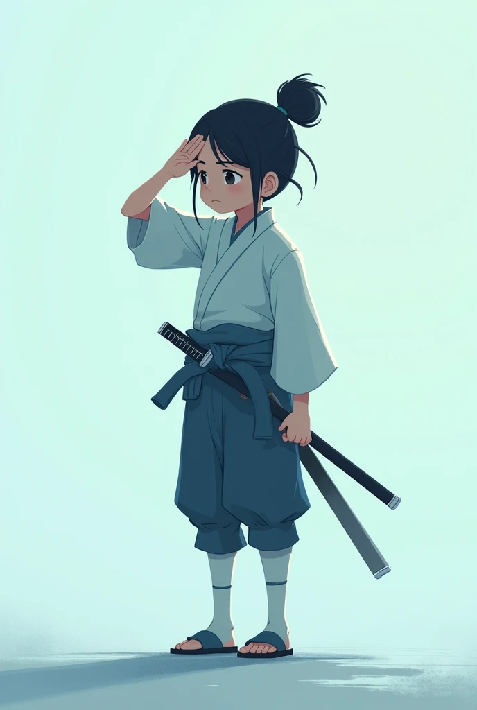 I want the image of a tender animated samurai with a cool color range and this guy saluting leaning to the left side that is not very detailed and that does not have warm colors