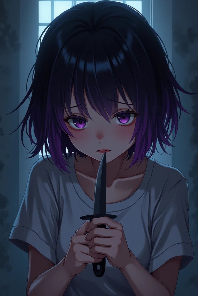 Anime Beautiful girl purple and black short hair holding a knife stabbing herself her eyes pupil are dizzy